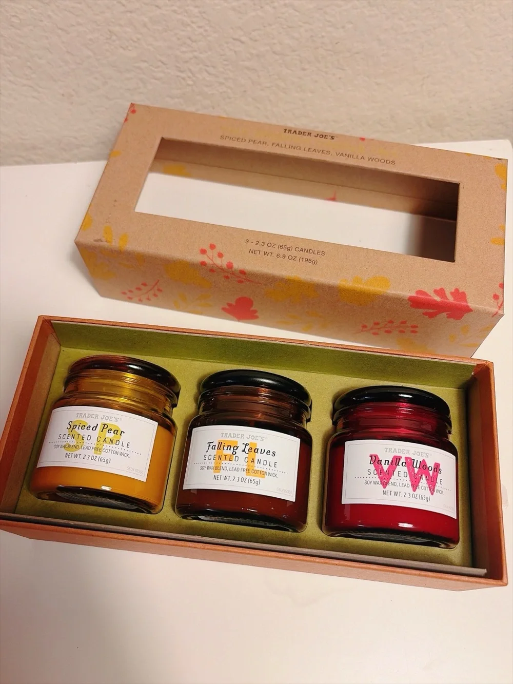 Trader Joe’s Fall Scented Candle Trio Spiced Pear Falling Leaves Vanilla Woods